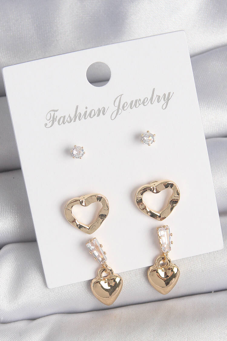 Brass Gold Color Zircon Stone Rocking Heart Model Female 3 Pair Earrings Set - Brand: Ebijuteri - Women's Clothing Wholesale - Globality Store