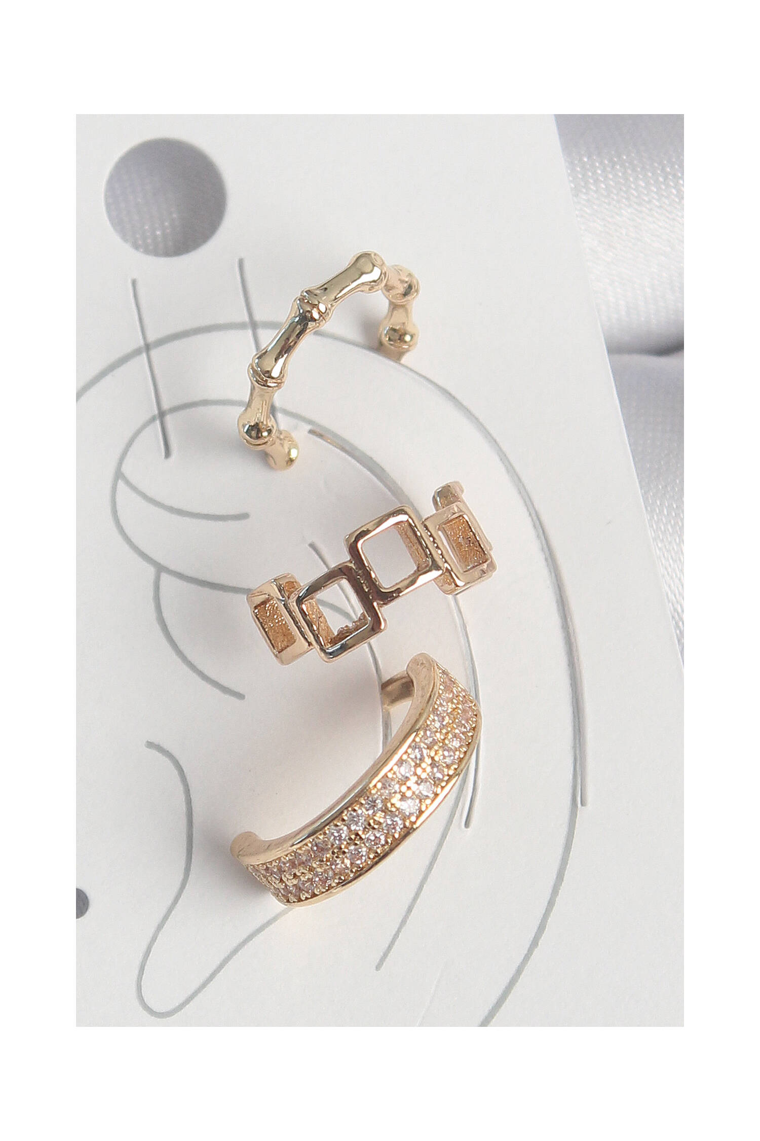 Brass Gold Color Square Model Zircon Stone 3-Piece Model Female Cartilage Earrings - Brand: Ebijuteri - Women's Clothing Wholesale - Globality Store
