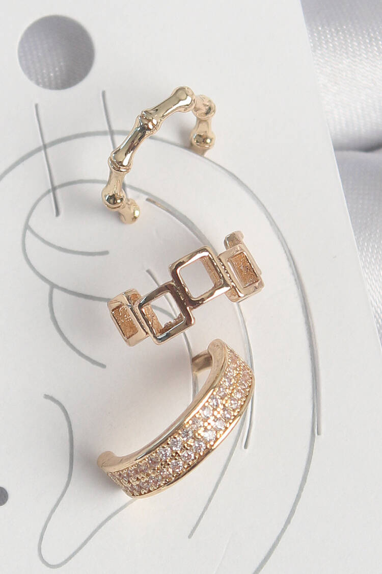 Brass Gold Color Square Model Zircon Stone 3-Piece Model Female Cartilage Earrings - Brand: Ebijuteri - Women's Clothing Wholesale - Globality Store