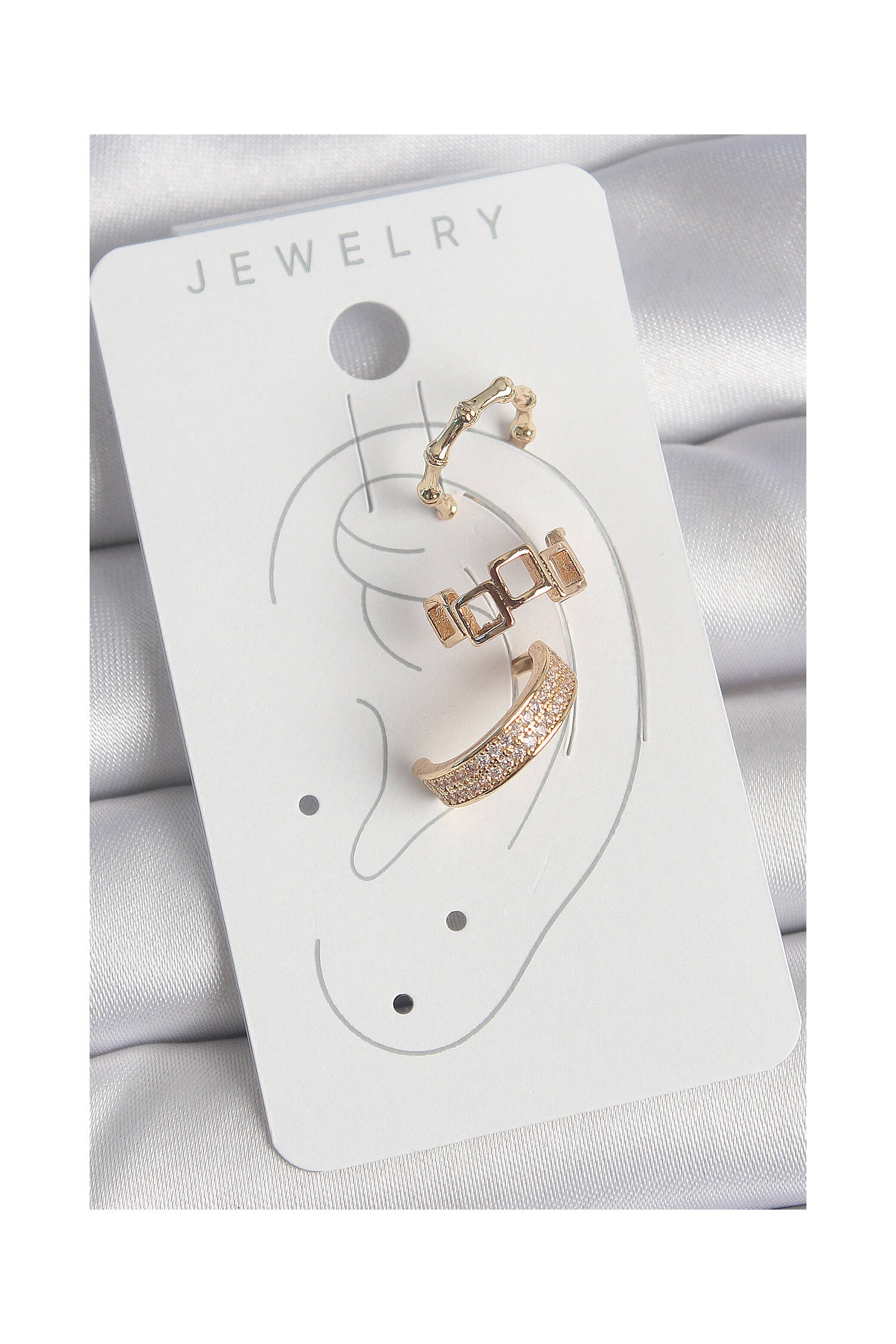 Brass Gold Color Square Model Zircon Stone 3-Piece Model Female Cartilage Earrings - Brand: Ebijuteri - Women's Clothing Wholesale - Globality Store