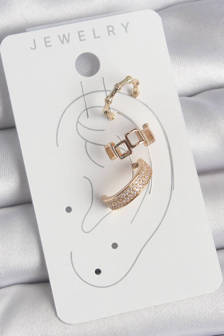 Brass Gold Color Square Model Zircon Stone 3-Piece Model Female Cartilage Earrings