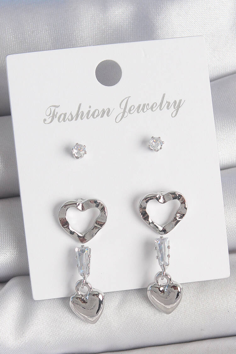 Brass Silver Color Zircon Stone Detailed Rocking Model 2 Pair Women Earrings Set - Brand: Ebijuteri - Women's Clothing Wholesale - Globality Store