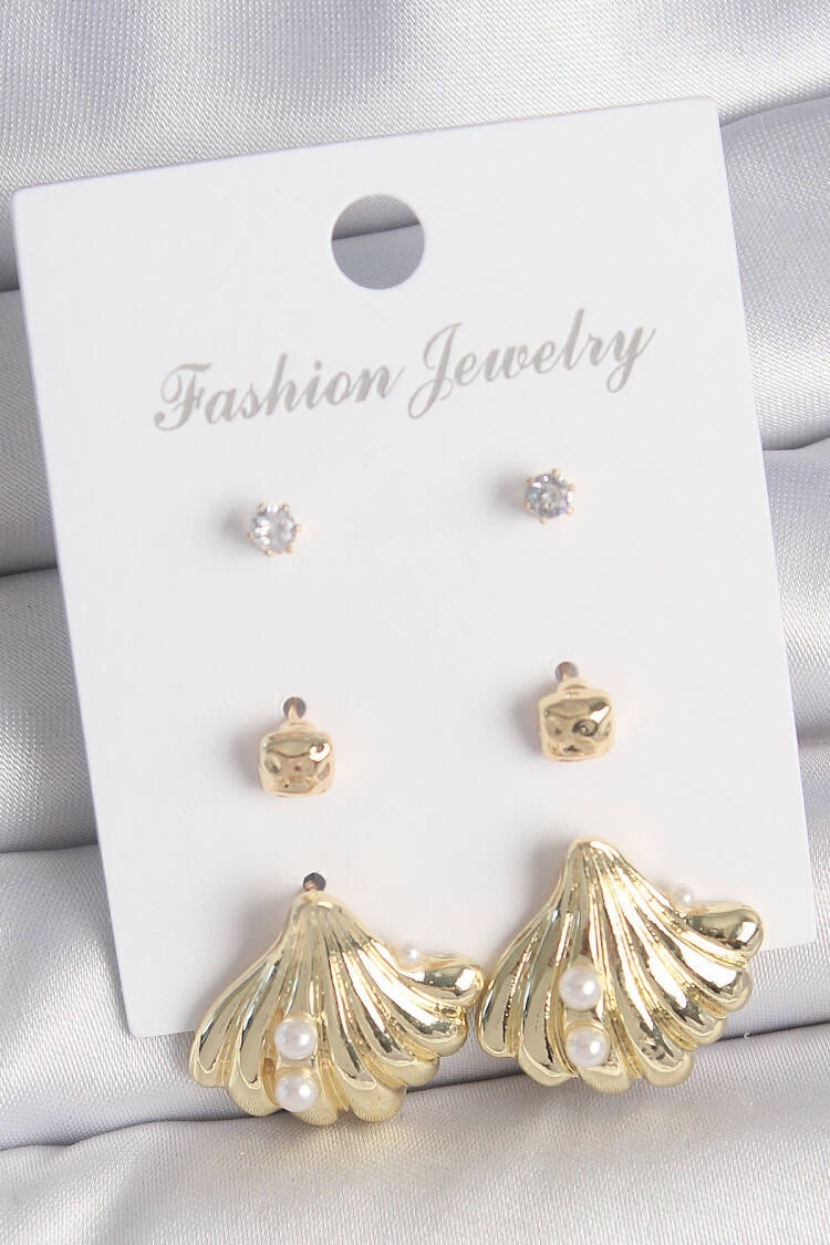 Brass Gold Color Zircon Stone Pearl Detailed Seashells Model 3 Pair Women Earrings Set - Brand: Ebijuteri - Women's Clothing Wholesale - Globality Store