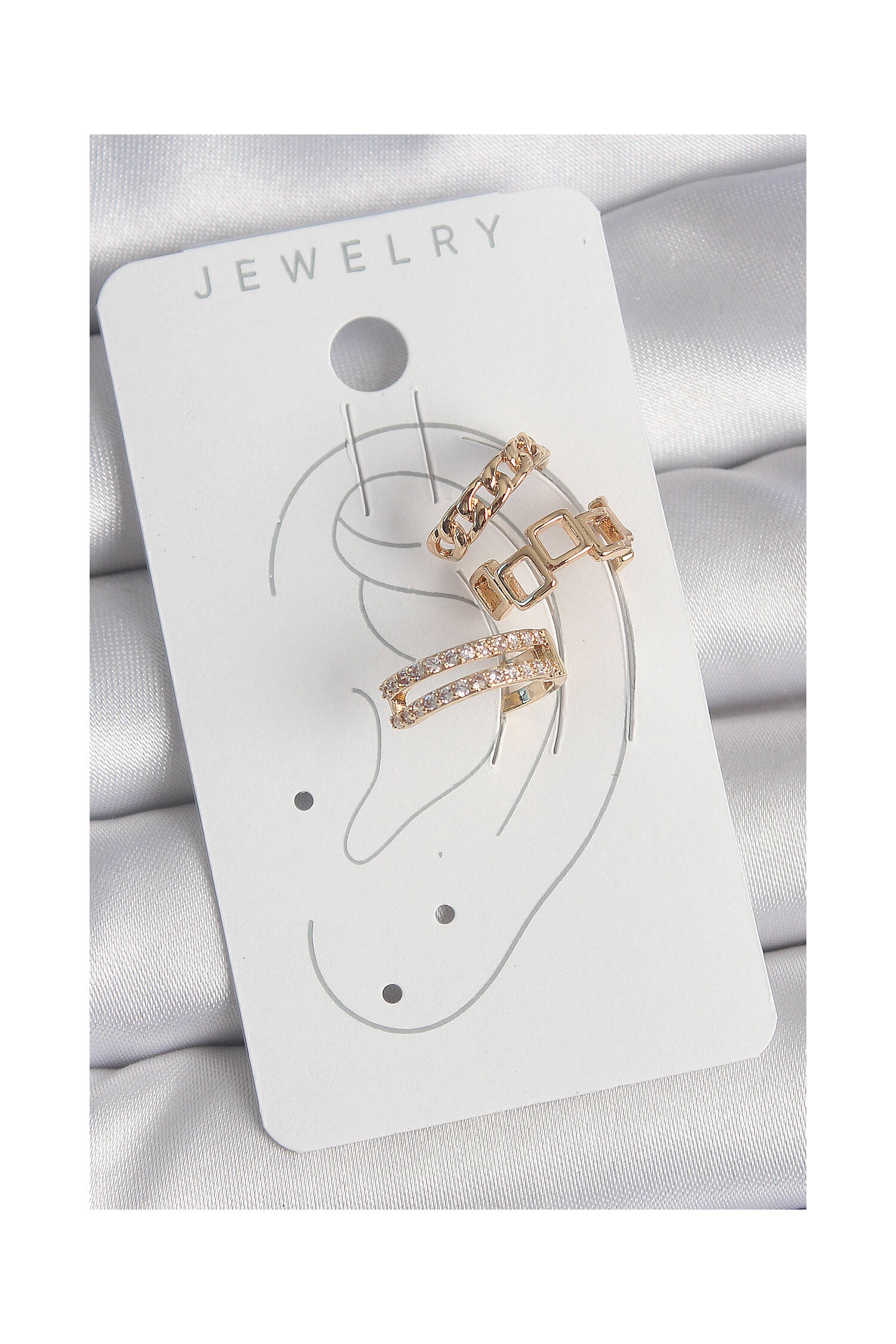 Brass Gold Color Zircon Stone Square Chain Pattern Women's Cartilage Earrings - Brand: Ebijuteri - Women's Clothing Wholesale - Globality Store