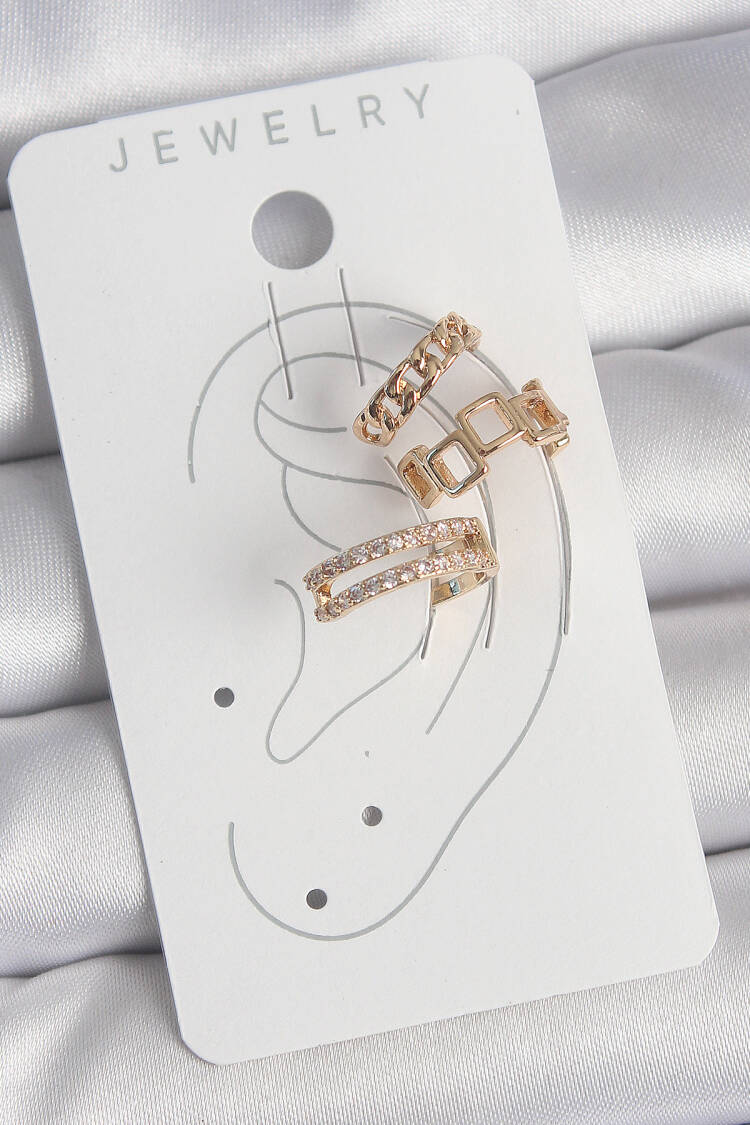 Brass Gold Color Zircon Stone Square Chain Pattern Women's Cartilage Earrings