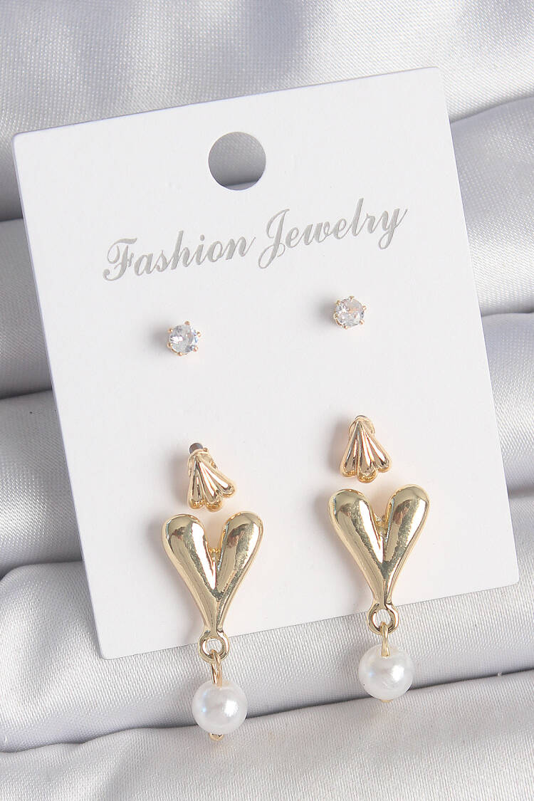 Brass Gold Color Zircon Stone Pearl Swinging Heart Model 3 Pair Women Earrings Set - Brand: Ebijuteri - Women's Clothing Wholesale - Globality Store