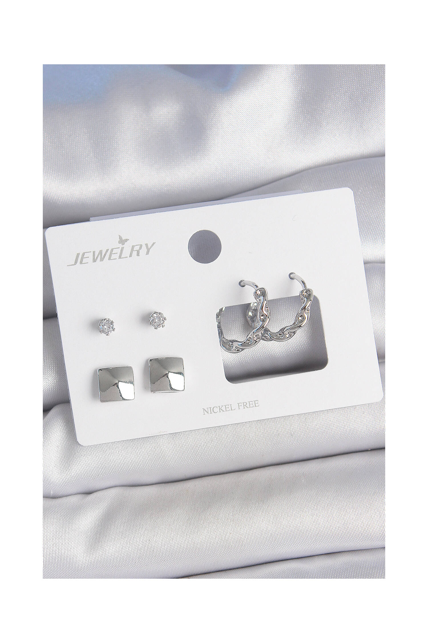 Brass Silver Color Zircon Stone Auger Ring Pattern Square Detail 3 Pair Women Earrings Set - Brand: Ebijuteri - Women's Clothing Wholesale - Globality Store