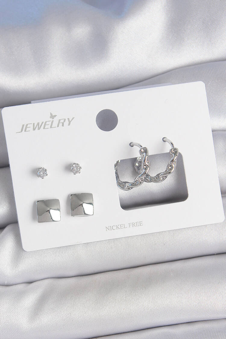 Brass Silver Color Zircon Stone Auger Ring Pattern Square Detail 3 Pair Women Earrings Set - Brand: Ebijuteri - Women's Clothing Wholesale - Globality Store
