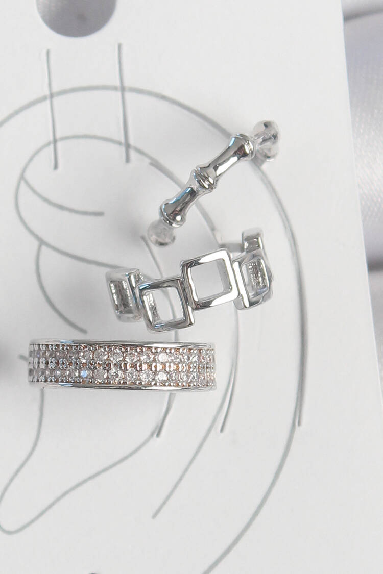 Brass Silver Color Zircon Stone 3pcs Model Square Bamboo Model Women Cartilage Earrings - Brand: Ebijuteri - Women's Clothing Wholesale - Globality Store