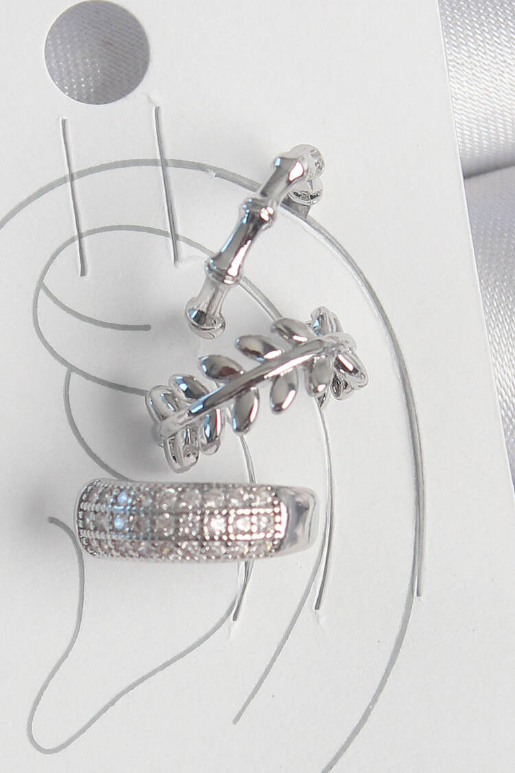 Brass Silver Color Zircon Stone 3pcs Model Leaf Figure Women Cartilage Earrings - Brand: Ebijuteri - Women's Clothing Wholesale - Globality Store