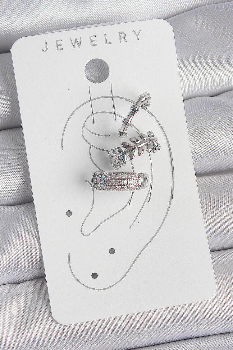 Brass Silver Color Zircon Stone 3pcs Model Leaf Figure Women Cartilage Earrings