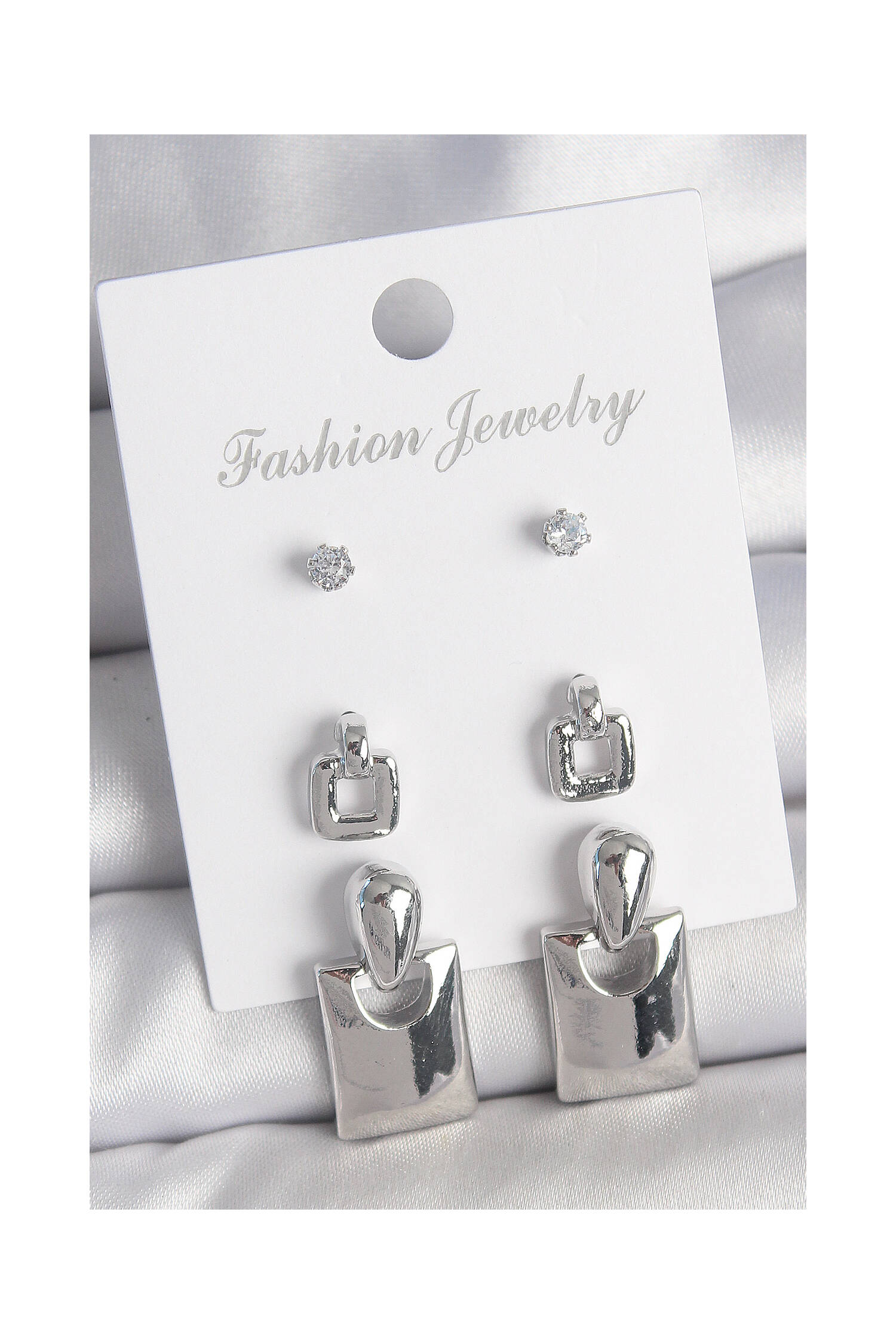 Brass Silver Color Zircon Stone Detail Swinging Square Model 3 Pair Women Earrings Set - Brand: Ebijuteri - Women's Clothing Wholesale - Globality Store