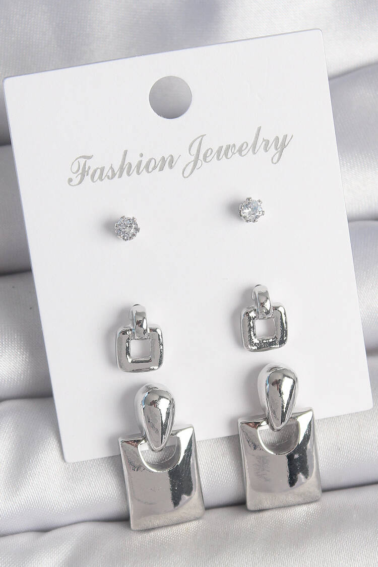 Brass Silver Color Zircon Stone Detail Swinging Square Model 3 Pair Women Earrings Set - Brand: Ebijuteri - Women's Clothing Wholesale - Globality Store