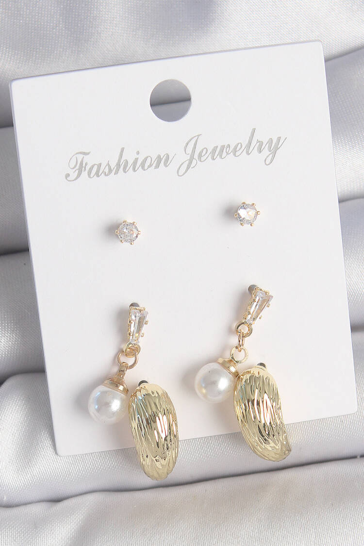 Brass Gold Color Zircon Stone Pearl Swinging Embroidered Drop Model 3 Pair Women Earrings Set - Brand: Ebijuteri - Women's Clothing Wholesale - Globality Store