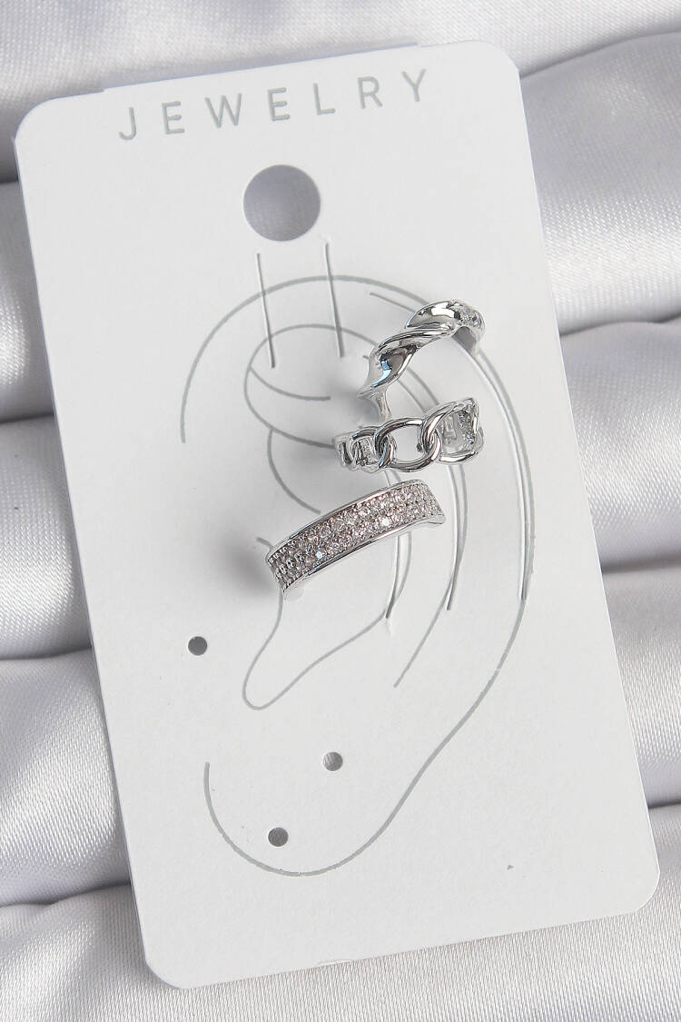 Brass Silver Color Zircon Stone 3-Piece Chain Spiral Pattern Women's Cartilage Earrings