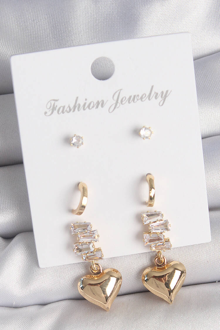 Brass Gold Color Zircon Stone Swinging Heart Pattern Half Ring Detail 3 Pair Women Earrings Set - Brand: Ebijuteri - Women's Clothing Wholesale - Globality Store