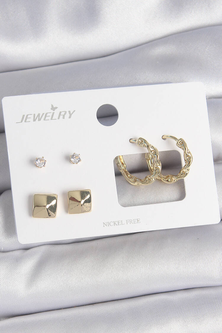 Brass Gold Color Auger Ring Pattern Zircon Stone Square Detail 3 Pair Women's Earrings Set - Brand: Ebijuteri - Women's Clothing Wholesale - Globality Store