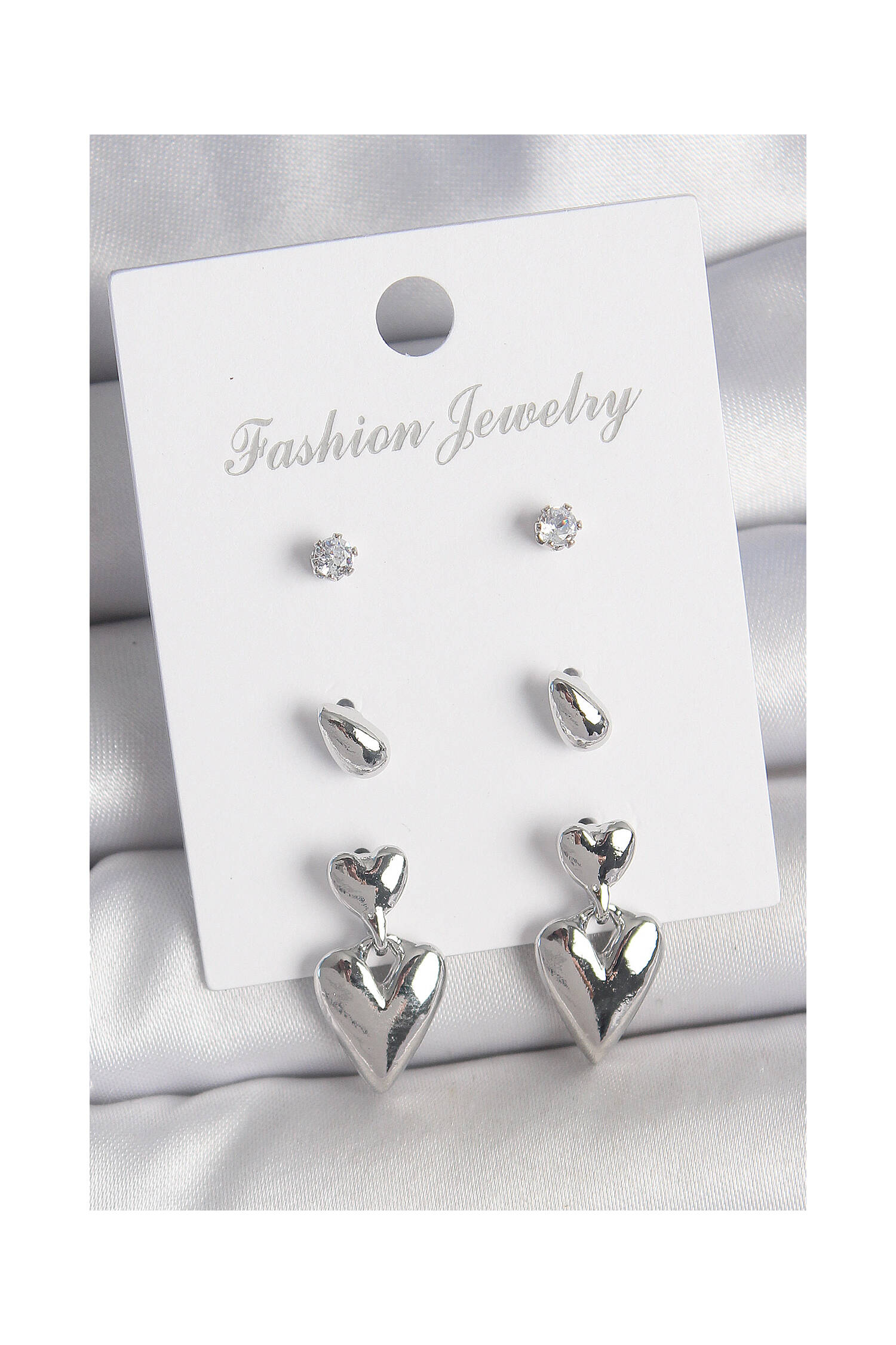 Brass Silver Color Zircon Stone Swinging Heart Model 3 Pair Women Earrings Set - Brand: Ebijuteri - Women's Clothing Wholesale - Globality Store