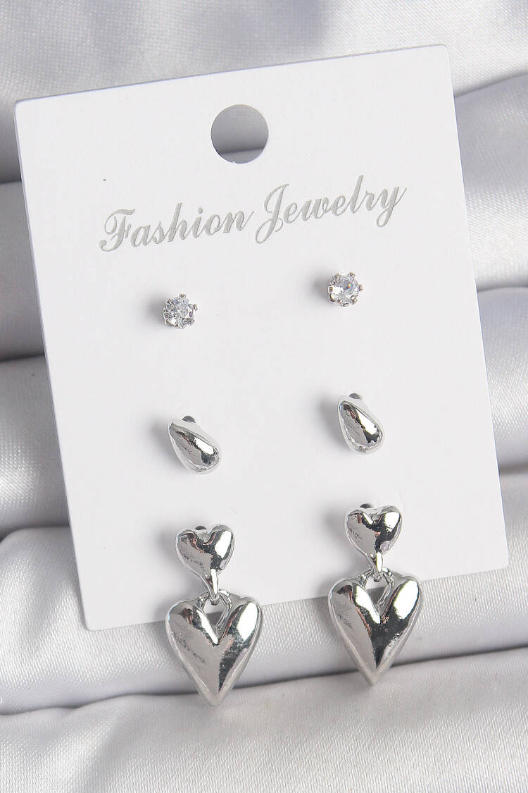 Brass Silver Color Zircon Stone Swinging Heart Model 3 Pair Women Earrings Set - Brand: Ebijuteri - Women's Clothing Wholesale - Globality Store