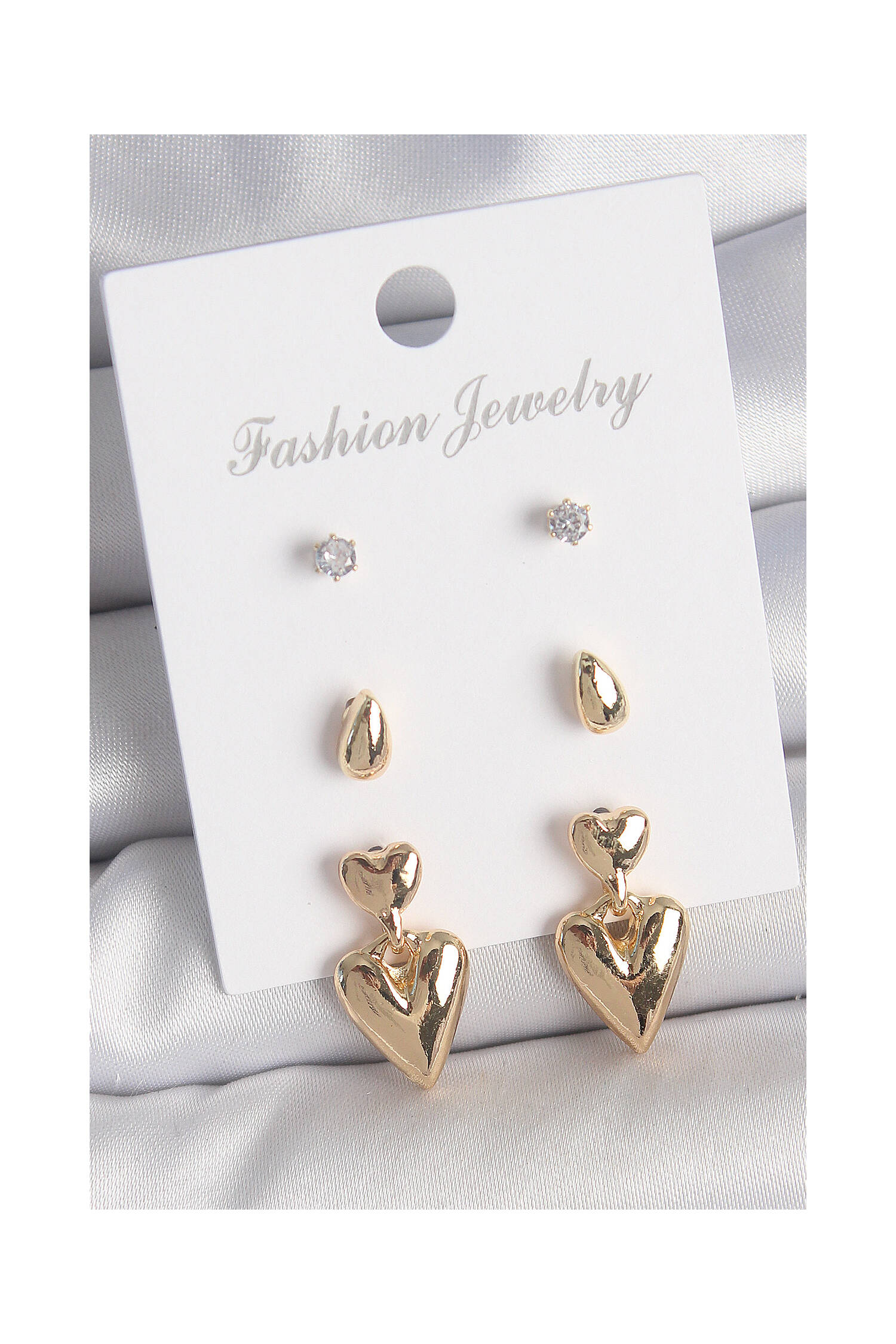 Brass Gold Color Zircon Stone Swinging Heart Model 3 Pair Women Earrings Set - Brand: Ebijuteri - Women's Clothing Wholesale - Globality Store