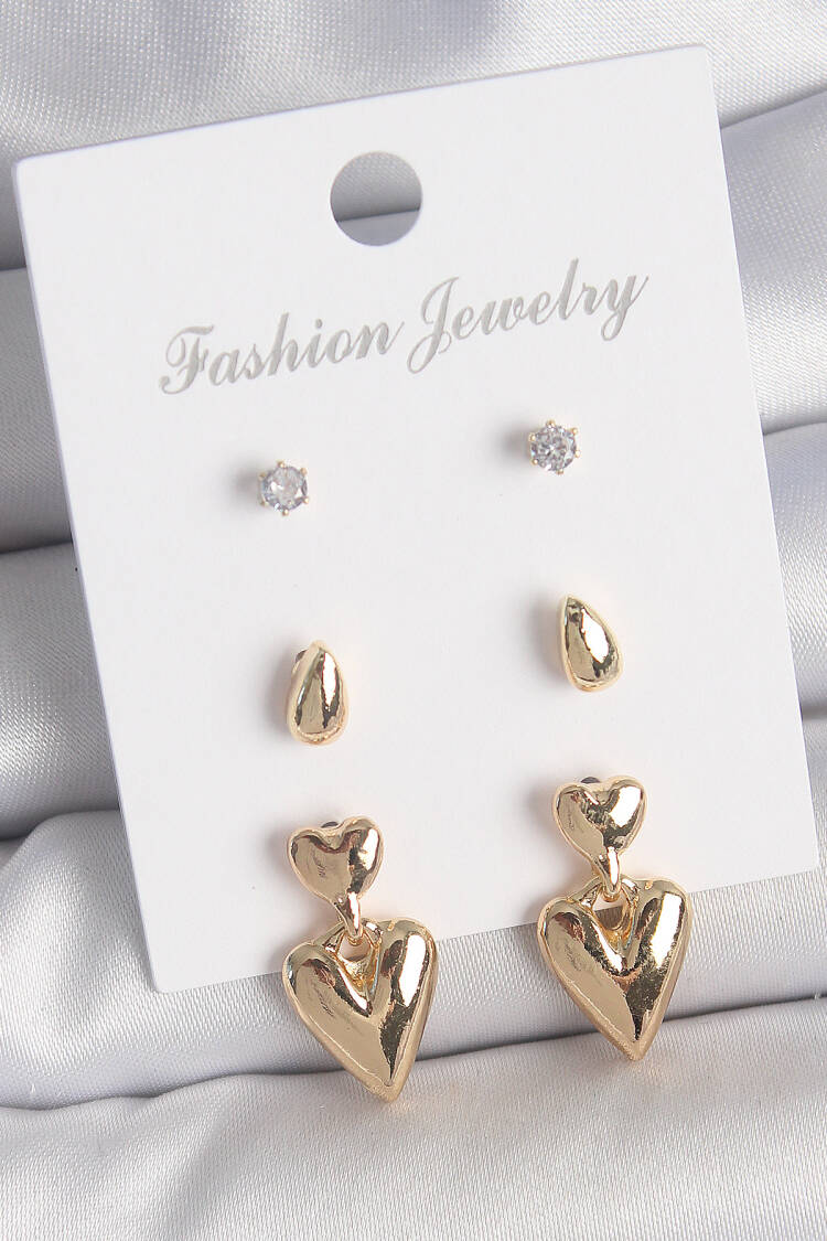 Brass Gold Color Zircon Stone Swinging Heart Model 3 Pair Women Earrings Set - Brand: Ebijuteri - Women's Clothing Wholesale - Globality Store