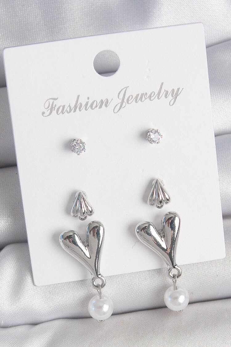 Brass Silver Color Zircon Stone Swinging Heart Model 3 Pair Women Earrings Set - Brand: Ebijuteri - Women's Clothing Wholesale - Globality Store