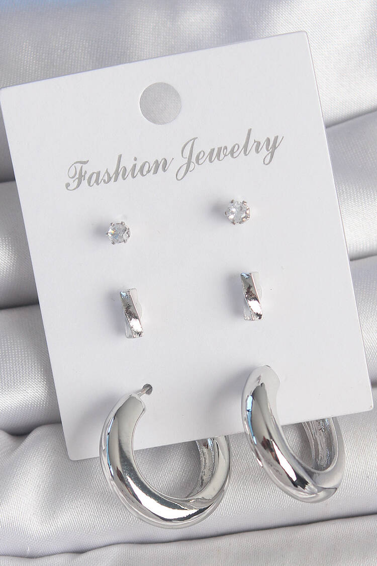 Brass Silver Color Zircon Stone Detail Ring Model 3 Pair Women Earrings Set - Brand: Ebijuteri - Women's Clothing Wholesale - Globality Store