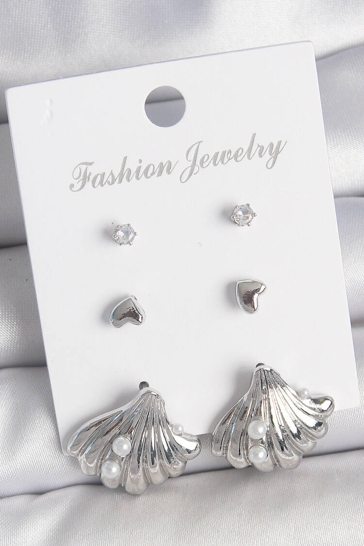 Brass Silver Color Zircon Stone Detailed Pearl Detailed Sea Shell Model 3 Pair Women Earrings - Brand: Ebijuteri - Women's Clothing Wholesale - Globality Store