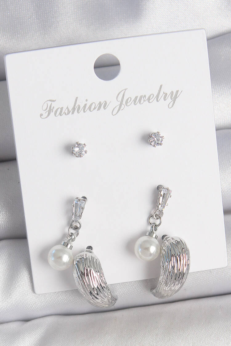 Brass Silver Color Swinging Zircon Stone Drop Model 3 Pair Women Earrings Set - Brand: Ebijuteri - Women's Clothing Wholesale - Globality Store