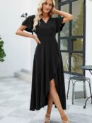 Women's Short Sleeve Double Neck Front Ruffle Cross Cut Detailed Maxi Size Imported Crepe Dress - Black - Brand: Janes - Women's Clothing Wholesale - Globality Store