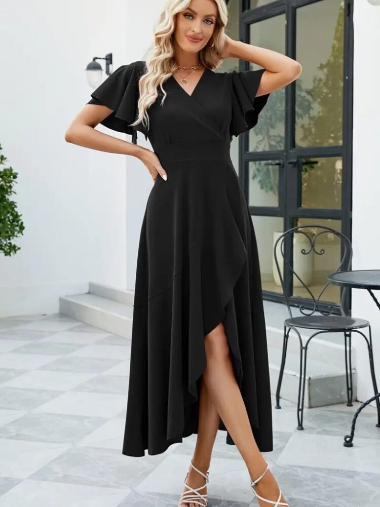 Women's Short Sleeve Double Neck Front Ruffle Cross Cut Detailed Maxi Size Imported Crepe Dress - Black