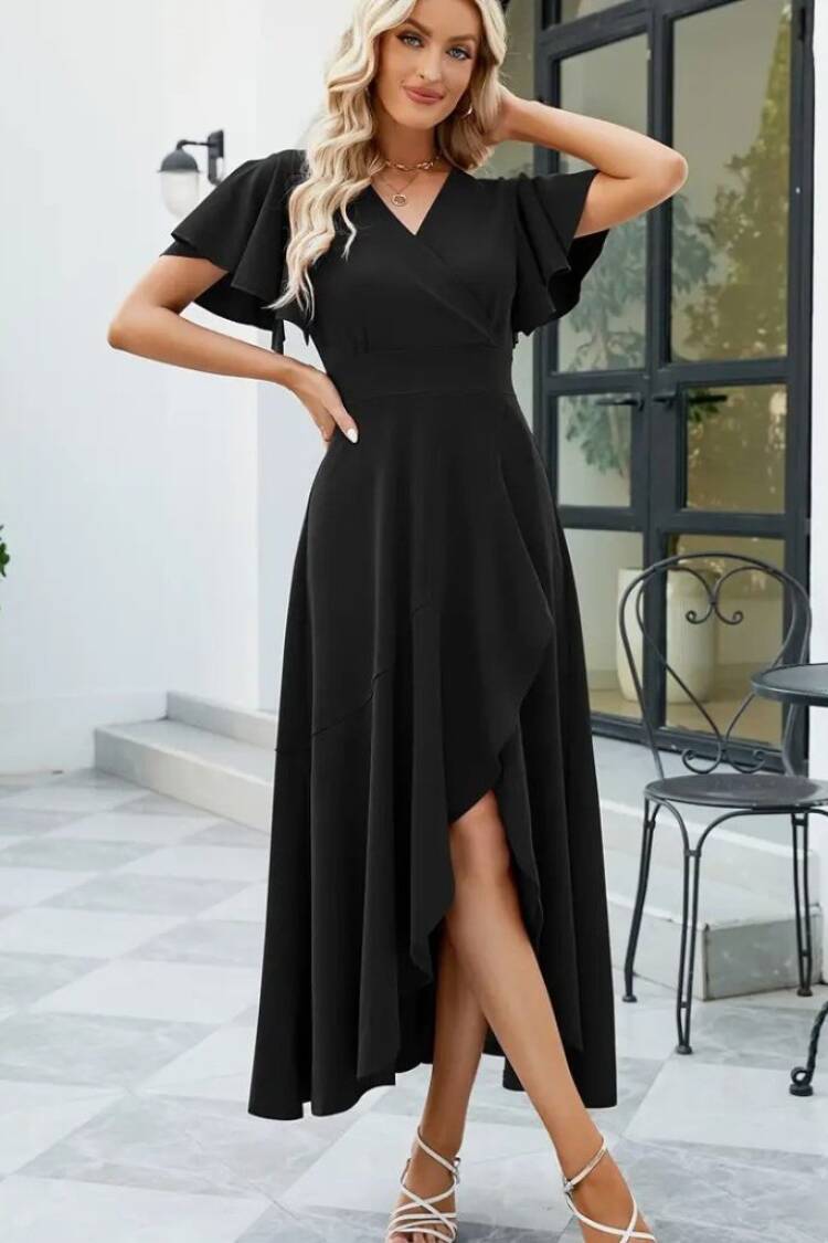 Women's Short Sleeve Double Neck Front Ruffle Cross Cut Detailed Maxi Size Imported Crepe Dress - Black