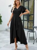 Women's Short Sleeve Double Neck Front Ruffle Cross Cut Detailed Maxi Size Imported Crepe Dress - Black - Brand: Janes - Women's Clothing Wholesale - Globality Store