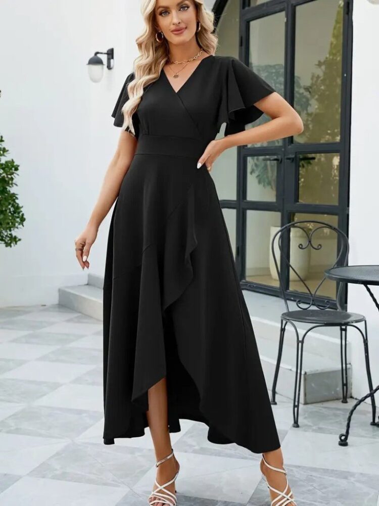 Women's Short Sleeve Double Neck Front Ruffle Cross Cut Detailed Maxi Size Imported Crepe Dress - Black