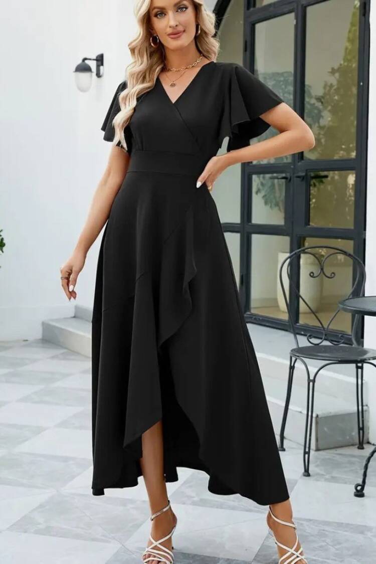 Women's Short Sleeve Double Neck Front Ruffle Cross Cut Detailed Maxi Size Imported Crepe Dress - Black