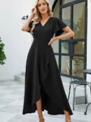 Women's Short Sleeve Double Neck Front Ruffle Cross Cut Detailed Maxi Size Imported Crepe Dress - Black - Brand: Janes - Women's Clothing Wholesale - Globality Store