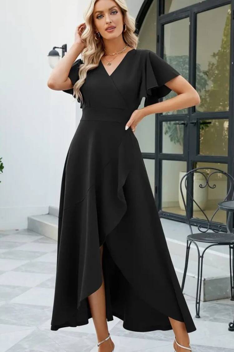 Women's Short Sleeve Double Neck Front Ruffle Cross Cut Detailed Maxi Size Imported Crepe Dress - Black