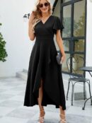Women's Short Sleeve Double Neck Front Ruffle Cross Cut Detailed Maxi Size Imported Crepe Dress - Black - Brand: Janes - Women's Clothing Wholesale - Globality Store