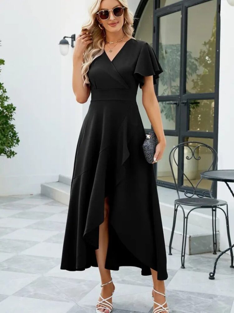 Women's Short Sleeve Double Neck Front Ruffle Cross Cut Detailed Maxi Size Imported Crepe Dress - Black