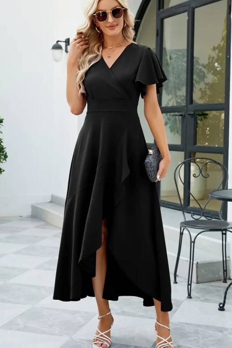 Women's Short Sleeve Double Neck Front Ruffle Cross Cut Detailed Maxi Size Imported Crepe Dress - Black