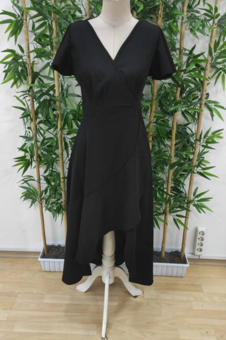 Women's Short Sleeve Double Neck Front Ruffle Cross Cut Detailed Maxi Size Imported Crepe Dress - Black