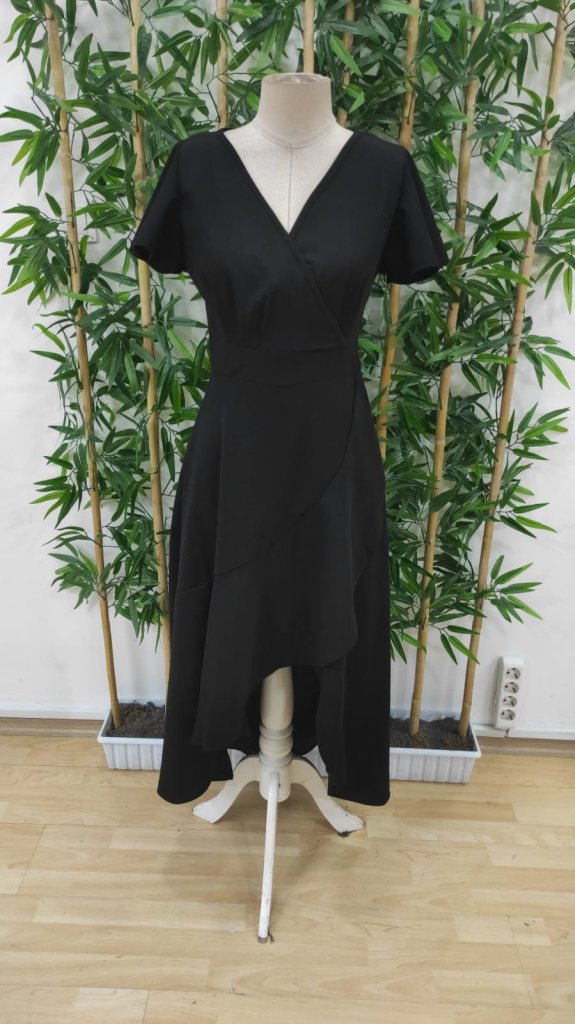 Women's Short Sleeve Double Neck Front Ruffle Cross Cut Detailed Maxi Size Imported Crepe Dress - Black