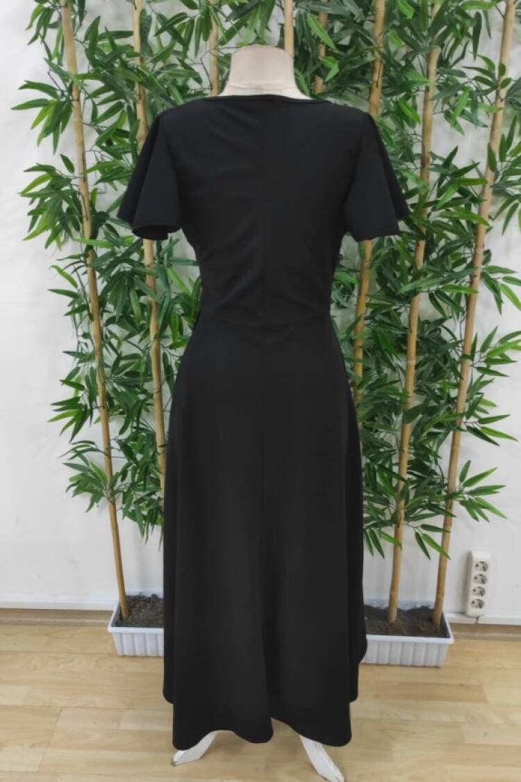 Women's Short Sleeve Double Neck Front Ruffle Cross Cut Detailed Maxi Size Imported Crepe Dress - Black