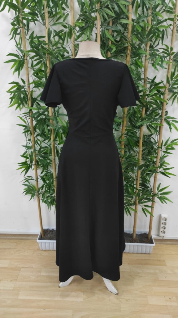 Women's Short Sleeve Double Neck Front Ruffle Cross Cut Detailed Maxi Size Imported Crepe Dress - Black