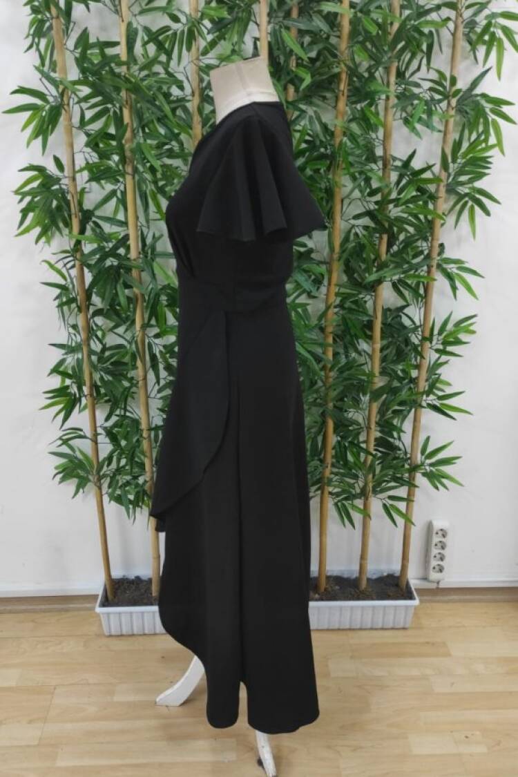Women's Short Sleeve Double Neck Front Ruffle Cross Cut Detailed Maxi Size Imported Crepe Dress - Black