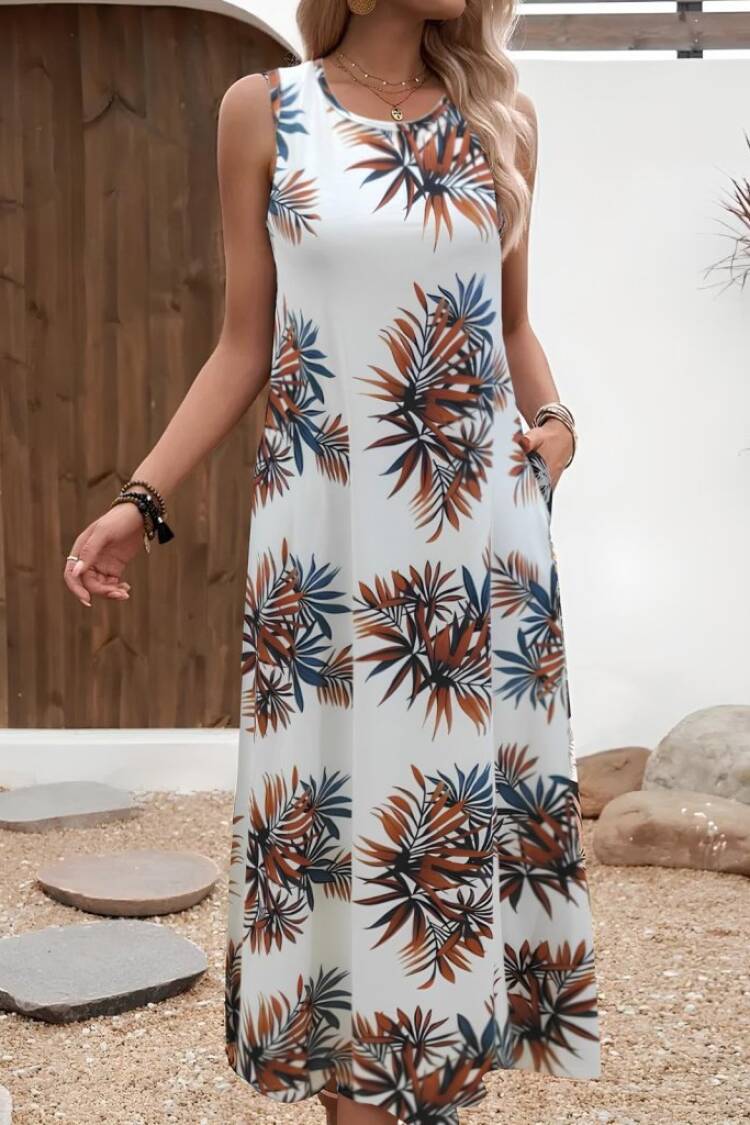 Women's Strappy Round Neck Pocket Patterned Suprem Dress