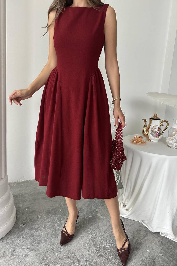 Wholesale Burgundy Sides Ruffle Midi Length Linen Dress