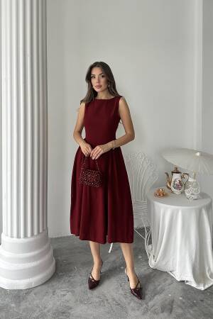Wholesale Burgundy Sides Ruffle Midi Length Linen Dress - Brand: Elisa - Women's Clothing Wholesale - Globality Store
