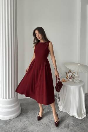 Wholesale Burgundy Sides Ruffle Midi Length Linen Dress - Brand: Elisa - Women's Clothing Wholesale - Globality Store