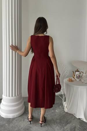 Wholesale Burgundy Sides Ruffle Midi Length Linen Dress - Brand: Elisa - Women's Clothing Wholesale - Globality Store